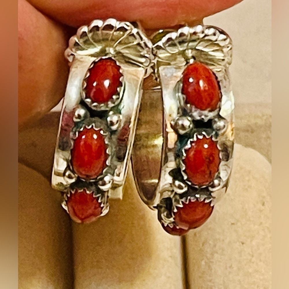 Southwest Navajo Sterling Silver Red Coral Cluster Hoop Earrings Signed